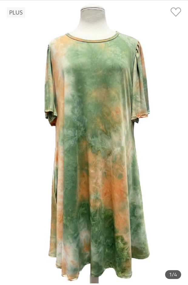 SALE!! 81 PSS-B {Color My Town} Green Tie Dye Dress W/Pockets  PLUS SIZE 1X 2X 3X